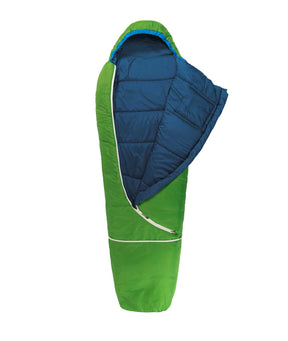 En grön sovsäck med blå insida för barn från Gruezi Bag, fylld med ull och som kan växa med ditt barn